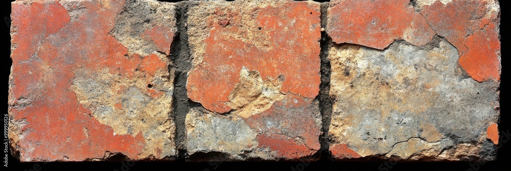 Poster a weathered brick wall with a red, orange, and gray color palette, showcasing the effects of time an
