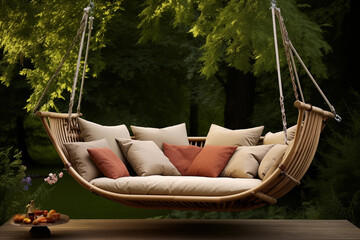 A luxurious, modern swing sofa with soft, plush cushions, suspended by sleek metal chains. lush garden , colorful flowers, greenery,  warm sunlight casting shadows,swing has a wooden canopy for shade.