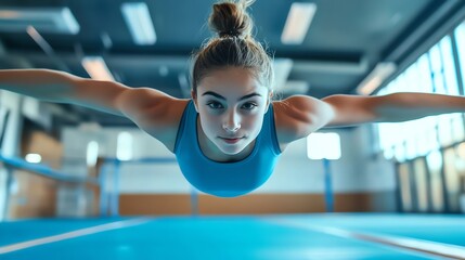 A young gymnast in a blue leotard performs a handstand on a blue mat.