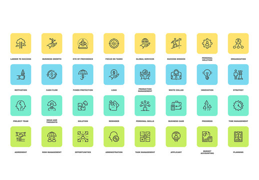 Vector set of business management flat line web icons. Each icon with adjustable strokes neatly designed on pixel perfect 48X48 size grid. Fully editable and easy to use.