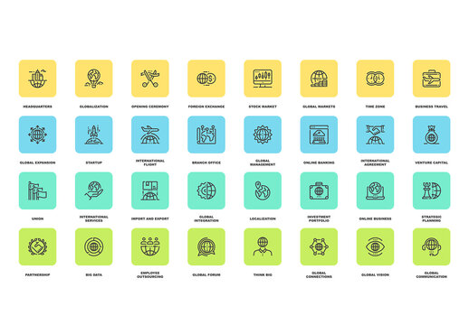 Vector set of global business flat line web icons. Each icon with adjustable strokes neatly designed on pixel perfect 48X48 size grid. Fully editable and easy to use.
