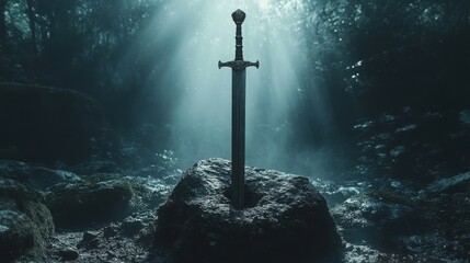Naklejka premium A sword stands tall, piercing a large rock in a misty forest setting, casting a dramatic shadow.