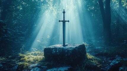 Naklejka premium A gleaming sword stands tall in the heart of a misty forest, bathed in the soft glow of sunlight filtering through the dense canopy.
