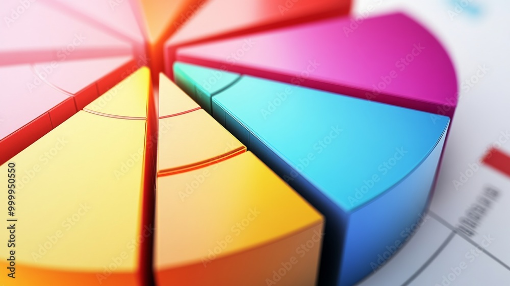 Poster a close-up of a 3d pie chart with bright, contrasting colors, the segments separated slightly to hig