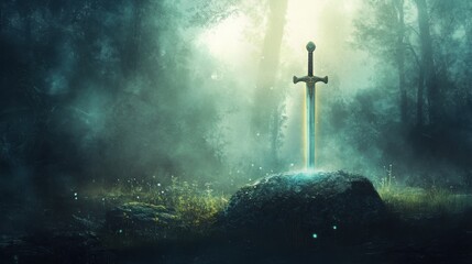 Naklejka premium A gleaming sword stands tall in a mystical forest, its blade piercing the earth and casting a magical glow.