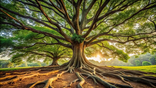High angle view of a centenarian tree with large trunk and big roots above ground