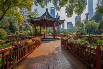 Obraz premium Urban Outdoor Plaza with Wooden Floor, Green Trees, Red Railings, and Exquisite Gazebo in Shanghai City Center