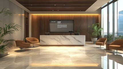 Fototapeta premium Corporate lobby with stylish furniture, a digital welcome screen, and an elegant reception desk.