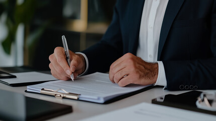 Professional signing documents in a modern office setting