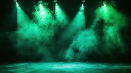A stage illuminated by green lights and fog, creating a dramatic atmosphere for performances.
