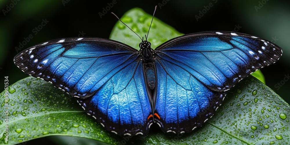 Poster a vibrant blue morpho butterfly rests on a dew-covered leaf, its wings displaying intricate patterns