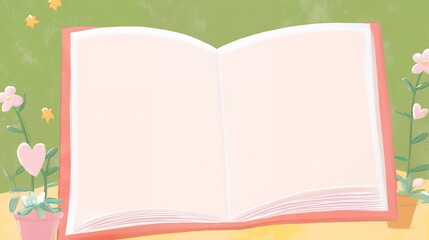 Open book with blank pages surrounded by flowers and stars on a green background. Digital illustration with copy space. Reading and creativity concept for design and print.