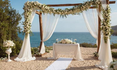 Elegant Beach Wedding Setup: Floral Arch and White Draped Altar Overlooking the Ocean
