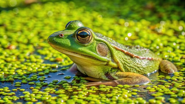 High angle view of a green frog and duckweed on pond surface at Kensington Metropark, Michigan USA