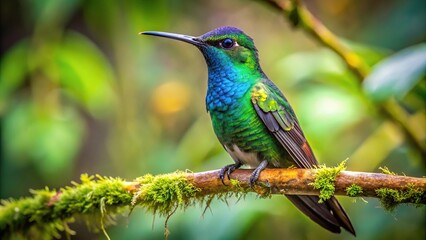 Obraz premium High angle view of a hummingbird perched in a lush South American rainforest