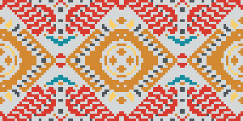 Pixel Ethnic Filipino Patternfolk Embroidery, Aztec Geometric Ornament Print. Design for Carpet, Wallpaper, Clothing, Wrapping, Fabric