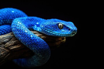 Fototapeta premium Blue viper snake on branch with black background, viper snake ready to attack, blue insularis snake, generative ai