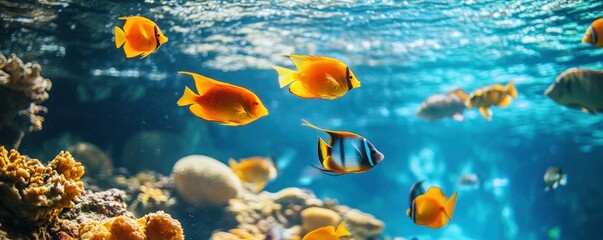 Colorful  fish under water with coral reefs and sunlight on background