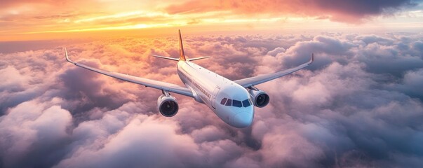 Commercial airplane flying above dramatic clouds during sunset