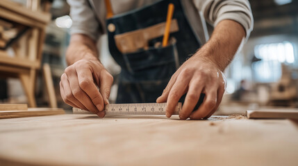 Craftsman measuring wood in workshop for precision project