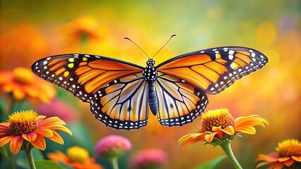 Fototapeta premium High angle view of a monarch butterfly fluttering on a flower in an art painting style