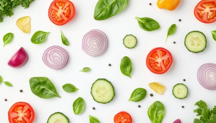 A colorful flat lay showcasing fresh vegetables and fruits, perfect for culinary inspiration and healthy cooking ideas