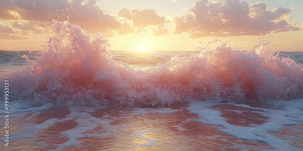 Poster a wave crashes on the shore, creating a burst of white foam against the backdrop of a vibrant orange