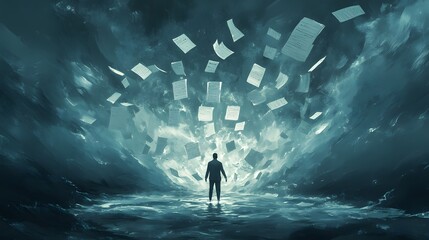 A figure standing in the middle of a storm of floating to-do lists, trying to grab them all at once, but they keep slipping away.