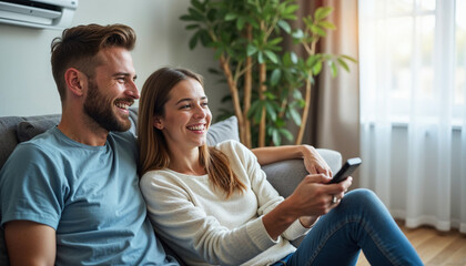 Young happy man and woman turning on air conditioner sitting on sofa at home. Smiling couple of homeowners enjoying cool conditioned air using remote resting on couch together in living room. Banner.