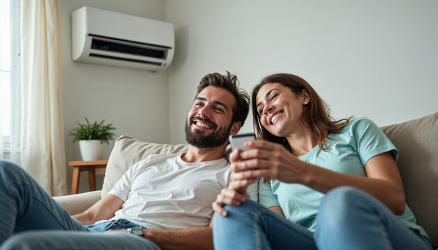 Young happy man and woman turning on air conditioner sitting on sofa at home. Smiling couple of homeowners enjoying cool conditioned air using remote resting on couch together in living room. Banner.