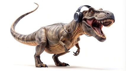 Fototapeta premium High angle view of a Tyrannosaurus Rex dinosaur wearing headphones isolated on white background