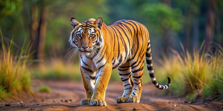 High angle view of a tigress prowling in Tadoba Andhari Tiger Reserve