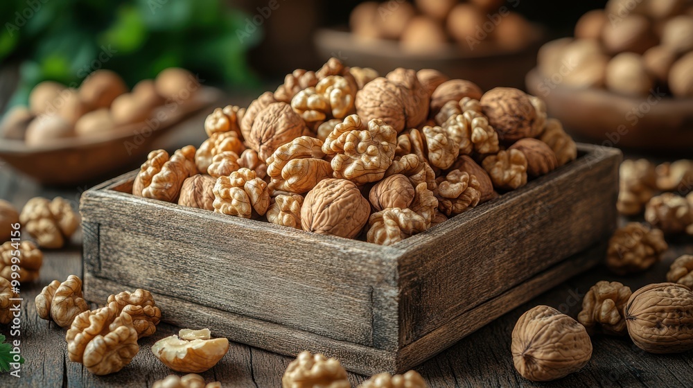Poster a rustic wooden box brimming with a bounty of freshly harvested walnuts, their shells gleaming with 