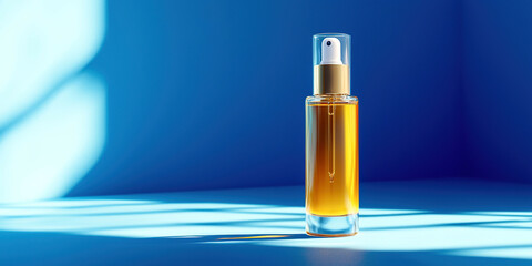 A bottle of perfume is sitting on a blue surface