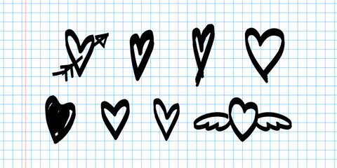 Set of grunge vector illustrations. Hearts drawn with pencil. Punk doodle icons for stickers.