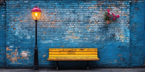A weathered blue brick wall with a yellow bench and a lit red lamppost, showcasing the passage of time and urban resilience