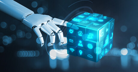 Naklejka premium Internet communication information technology ICT IOT concept using artificial intelligence AI assistance, cyberspace data collection interwebs multimedia business function ideas tool innovation