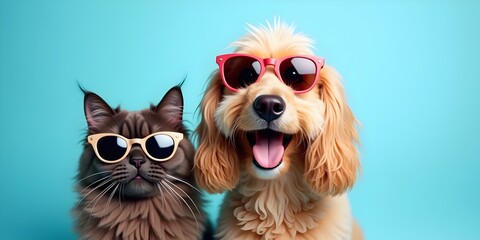 Fototapeta premium Adorable Pet Duos: Dogs and Cats Together in Vibrant, Playful Photos