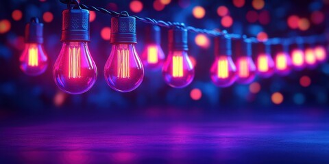 A string of pink and blue glowing light bulbs hanging from a wire, creating a dramatic and festive ambiance