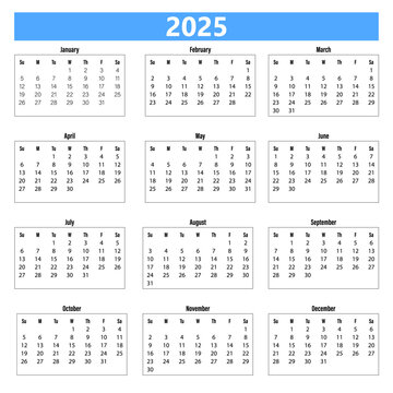 2025 Year at a glance Calendar with a Sunday week start