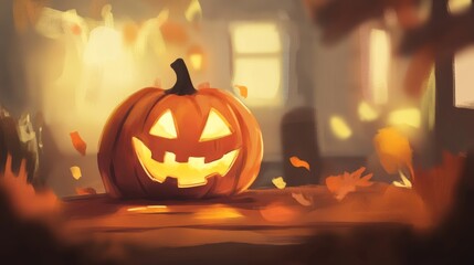 Fototapeta premium Carved jack-o'-lantern on wooden surface. Warm golden light streams through windows. Autumn leaves scattered around. Cozy indoor setting with soft shadows. 