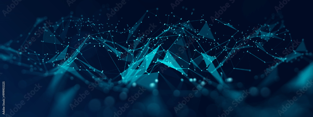 Fototapete Digital abstract plexus technology blue background banner copyspace, graphics vector polygon line networks and dots shape connecting link structure, futuristic tech data computer concept.
