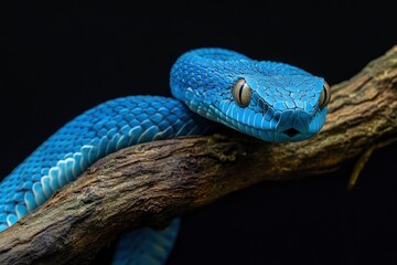 Blue viper snake on branch with black background, viper snake ready to attack, blue insularis snake, generative ai