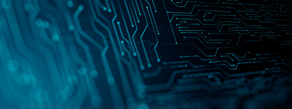 Abstract computer technology blue background banner futuristic business data technology modern concept, circuit board shape lines connecting link structure dark blue contrast.