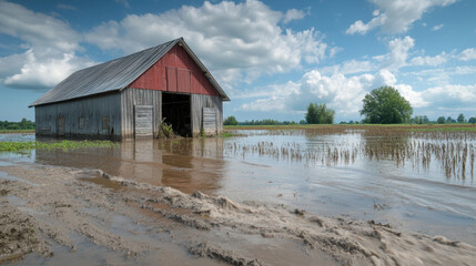 rural farm is inundated by flash flood, showcasing barn surrounded by water and flooded crops. scene captures impact of natures forces on agriculture