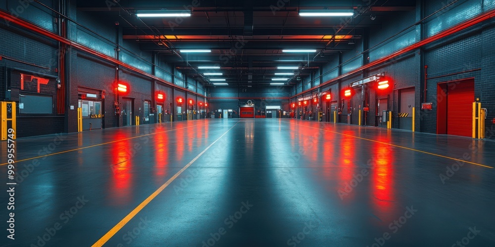 Poster empty warehouse with red lights reflecting on the floor, creating an eerie and minimalist atmosphere