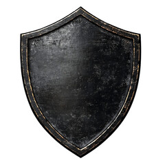 A weathered, black metal shield with a golden border, reminiscent of medieval armor, is isolated on a transparent background.

