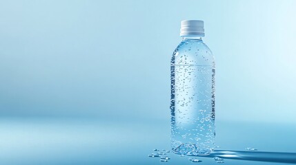 Naklejka premium A single plastic water bottle with bubbles on a blue background.