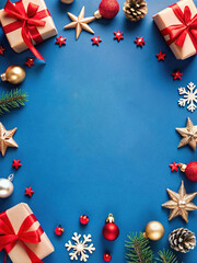 Cheerful Christmas greeting card featuring festive decorations and beautifully wrapped gifts on a blue background