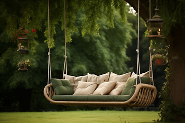 A luxurious, modern swing sofa with soft, plush cushions, suspended by sleek metal chains. lush garden , colorful flowers, greenery,  warm sunlight casting shadows,swing has a wooden canopy for shade.